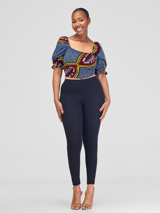 Safari Anga Puffy Short Sleeve Tie Top - Navy Blue / Yellow Ankara Print - Shopzetu
