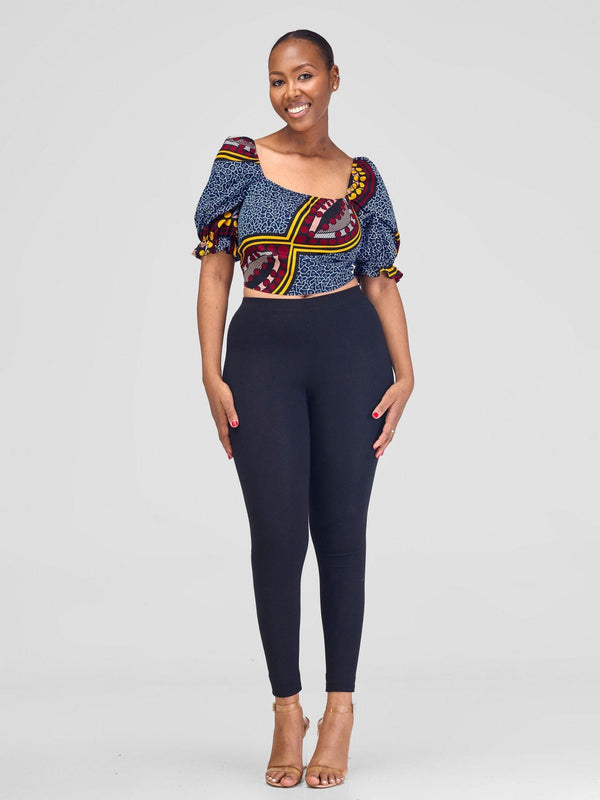 Safari Anga Puffy Short Sleeve Tie Top - Navy Blue / Yellow Ankara Print - Shopzetu