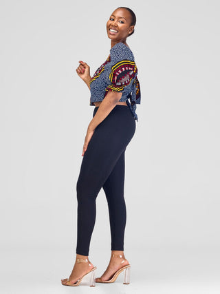 Safari Anga Puffy Short Sleeve Tie Top - Navy Blue / Yellow Ankara Print - Shopzetu