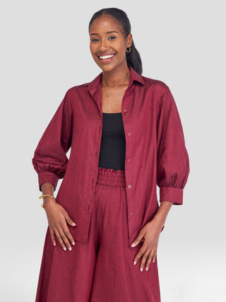 Safari Kikoy 3/4 Sleeve Shirt - Maroon - Shopzetu