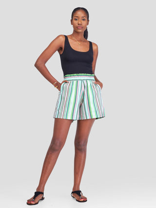 Safari Kikoy Wide Elastic Shorts - Green / Pink Print - Shopzetu