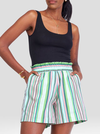 Safari Kikoy Wide Elastic Shorts - Green / Pink Print - Shopzetu