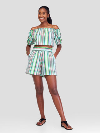 Safari Kikoy Wide Elastic Shorts - Green / Pink Print - Shopzetu