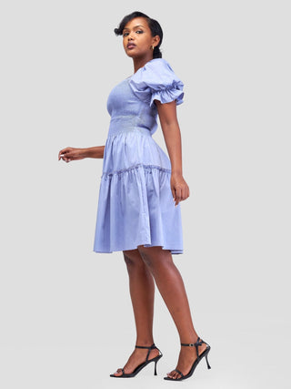 Safari Mara Shirred Bishop Sleeve Dress - Light Blue - Shopzetu