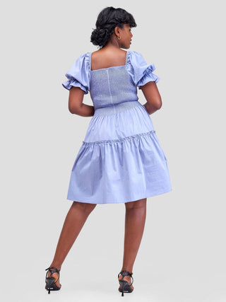 Safari Mara Shirred Bishop Sleeve Dress - Light Blue - Shopzetu