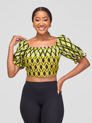 Safari Anga Puffy Short Sleeve Tie Top - Lime Green / Black Ankara Print