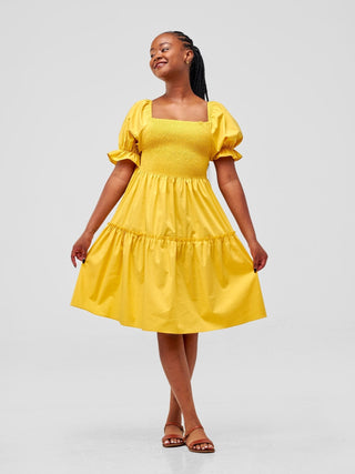 Safari Mara Shirred Bishop Sleeve Dress - Mustard - Shopzetu