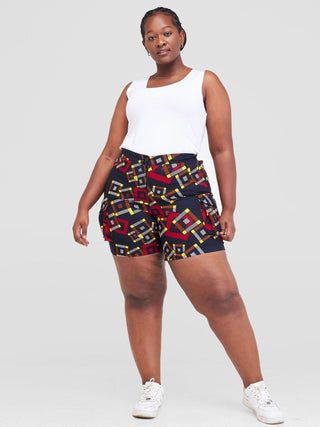 Safari Anga Wide Shorts - Navy Blue / Orange Ankara Print - Shopzetu