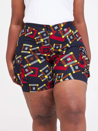 Safari Anga Wide Shorts - Navy Blue / Orange Ankara Print - Shopzetu