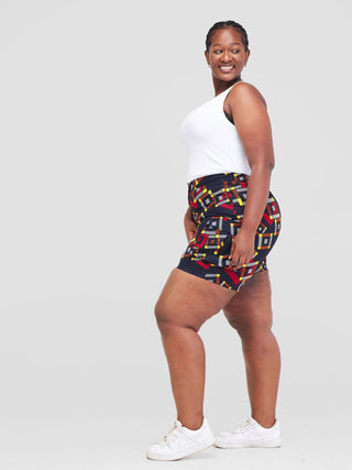 Safari Anga Wide Shorts - Navy Blue / Orange Ankara Print - Shopzetu