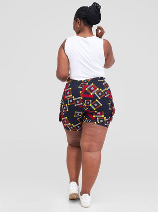 Safari Anga Wide Shorts - Navy Blue / Orange Ankara Print - Shopzetu