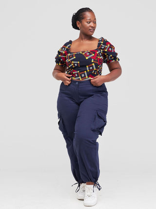 Safari Anga Puffy Short Sleeve Tie Top - Navy Blue / Orange Ankara Print - Shopzetu
