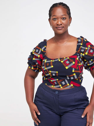 Safari Anga Puffy Short Sleeve Tie Top - Navy Blue / Orange Ankara Print - Shopzetu