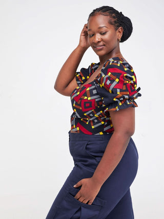 Safari Anga Puffy Short Sleeve Tie Top - Navy Blue / Orange Ankara Print - Shopzetu