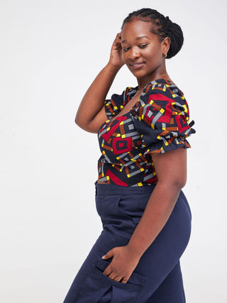 Safari Anga Puffy Short Sleeve Tie Top - Navy Blue / Orange Ankara