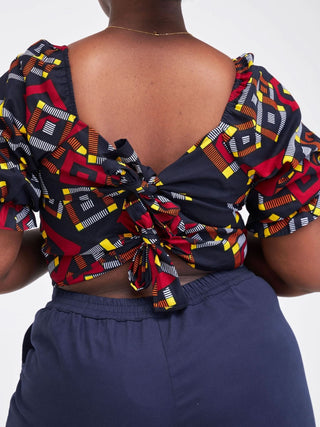Safari Anga Puffy Short Sleeve Tie Top - Navy Blue / Orange Ankara Print - Shopzetu