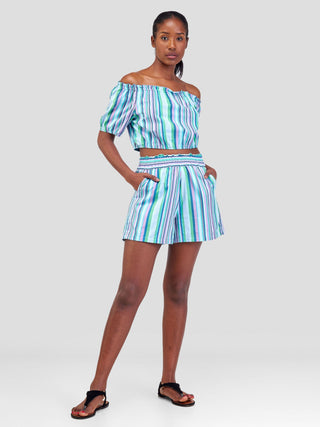 Safari Kikoy Off Shoulder Crop Top - Blue / Pink Print