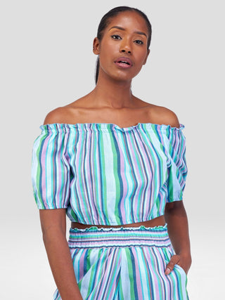 Safari Kikoy Off Shoulder Crop Top - Blue / Pink Print - Shopzetu