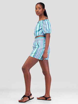 Safari Kikoy Off Shoulder Crop Top - Blue / Pink Print - Shopzetu