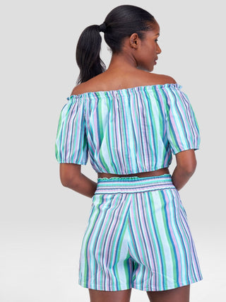 Safari Kikoy Off Shoulder Crop Top - Blue / Pink Print - Shopzetu