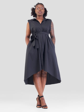 Safari Zene High Low Shirt Dress - Black - Shopzetu