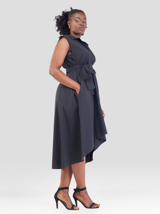 Safari Zene High Low Shirt Dress - Black - Shopzetu
