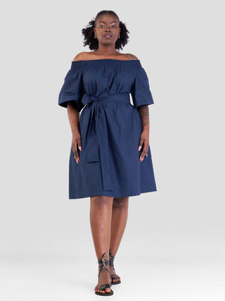 Safari Zene Off Shoulder Dress - Navy Blue - Shopzetu