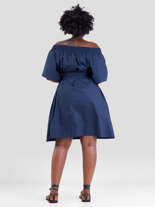 Safari Zene Off Shoulder Dress - Navy Blue - Shopzetu